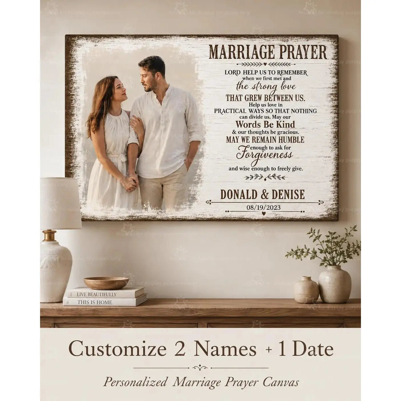 Custom Distressed White Wood Marriage Prayer Couple Canvas Wall Decor Poster, Personalized Photo 2 Names & Wedding Date Print, Wall Art for Bedroom Living Room Farmhouse, Decor Poster Print, Available as Unframed Canvas Poster or Framed Canvas Wrap