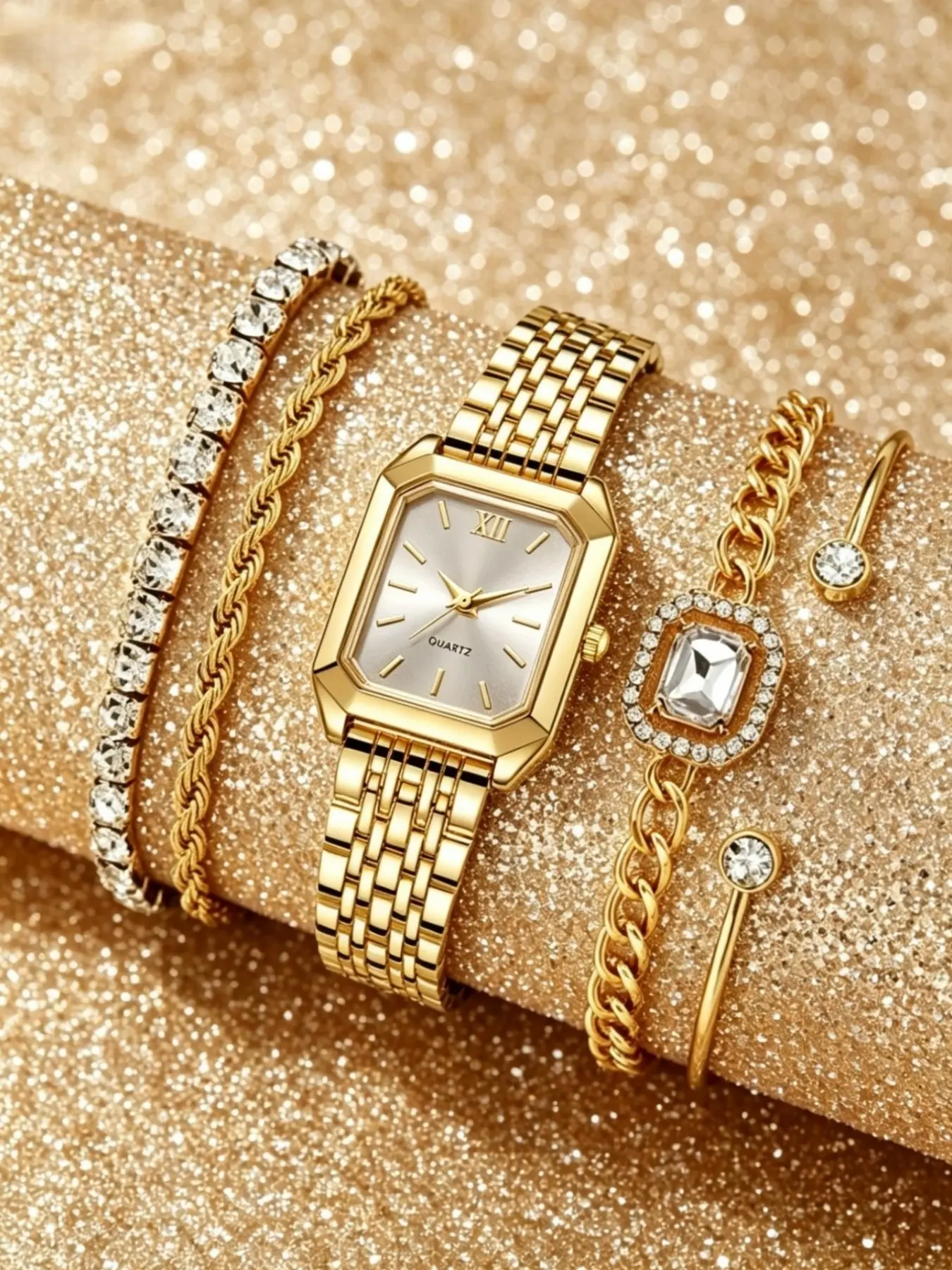 5pcs New Stainless Steel Strap Watches for Women, Elegant Quartz Analog Watch, Fashionable Square Dial, Includes Bracelet, Fashionable Stylish Watch