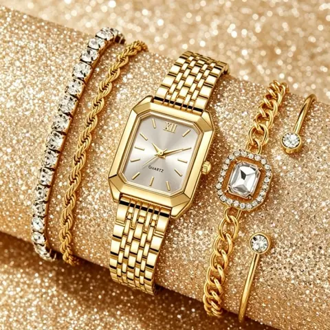 Women's 5 Counts New Stainless Steel Band Watches and Bracelets Set, Elegant Quartz Analog Watch with Square Dial, Fashionable Stylish Watch