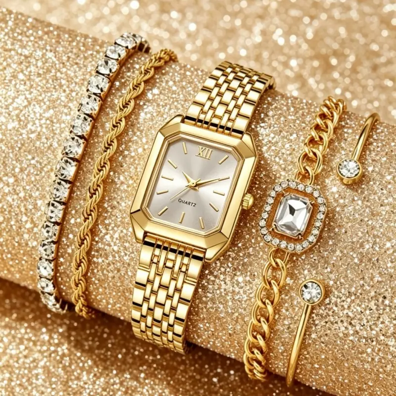 Women's 5 Counts New Stainless Steel Band Watches and Bracelets Set, Elegant Quartz Analog Watch with Square Dial, Fashionable Stylish Watch