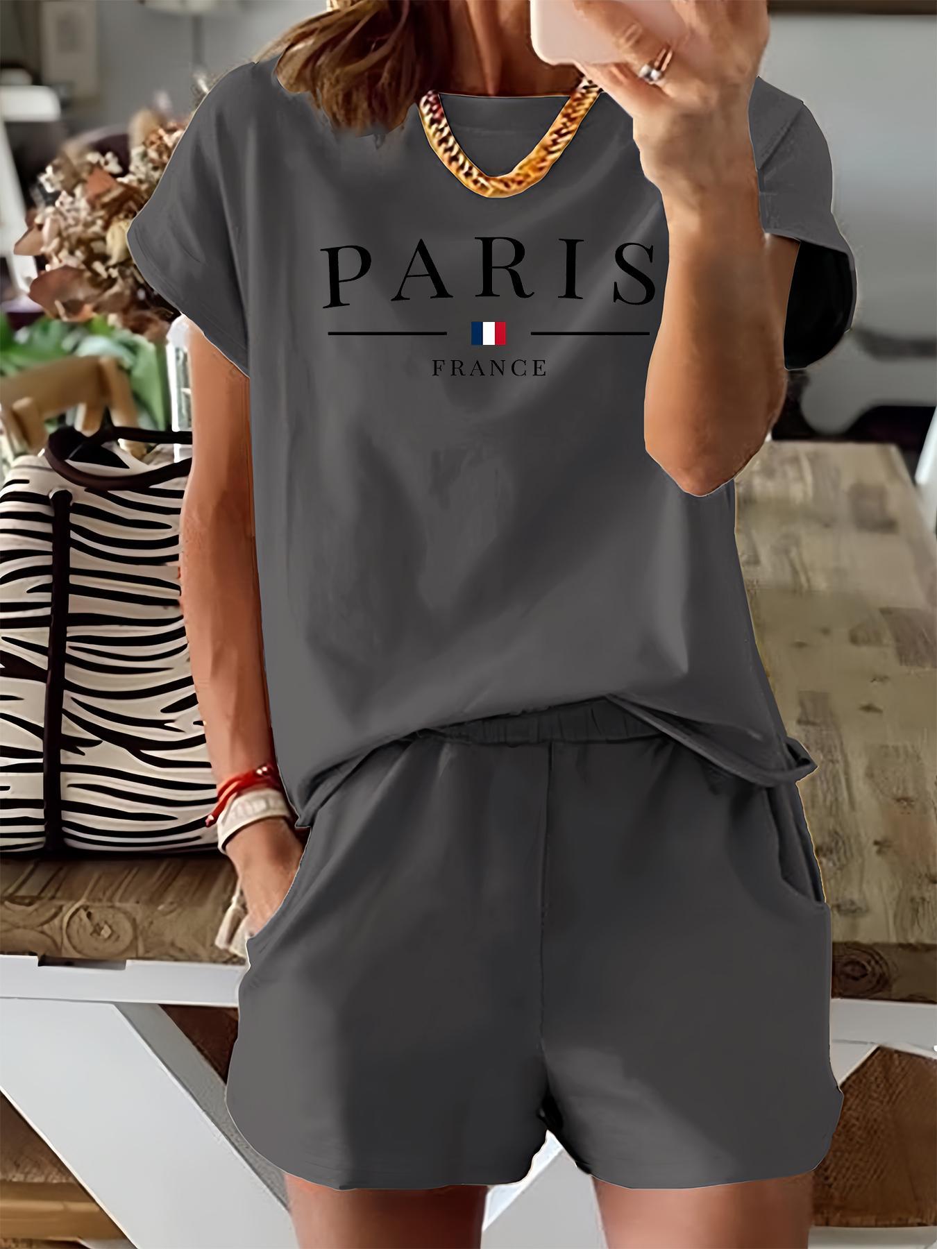 Women's Letter & Flag Print Two-piece Set, Casual Matching Set, Short Sleeve Tee & Elastic Waist Shorts Set, Casual Round Neck T-shirt & Pocket Shorts for Summer, Ladies Clothes for Daily Wear