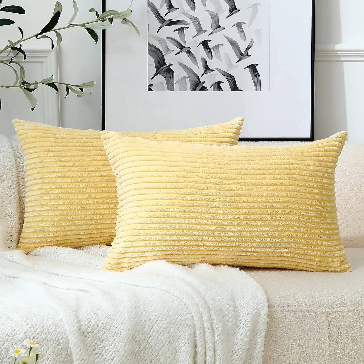 Pack of 2 Corduroy Soft Throw Pillow Covers Rectangle Solid Striped Cushion Covers Pillowcase for Bed Couch Sofa Bench, 12x20 inch/30x50 cm, Light Yellow