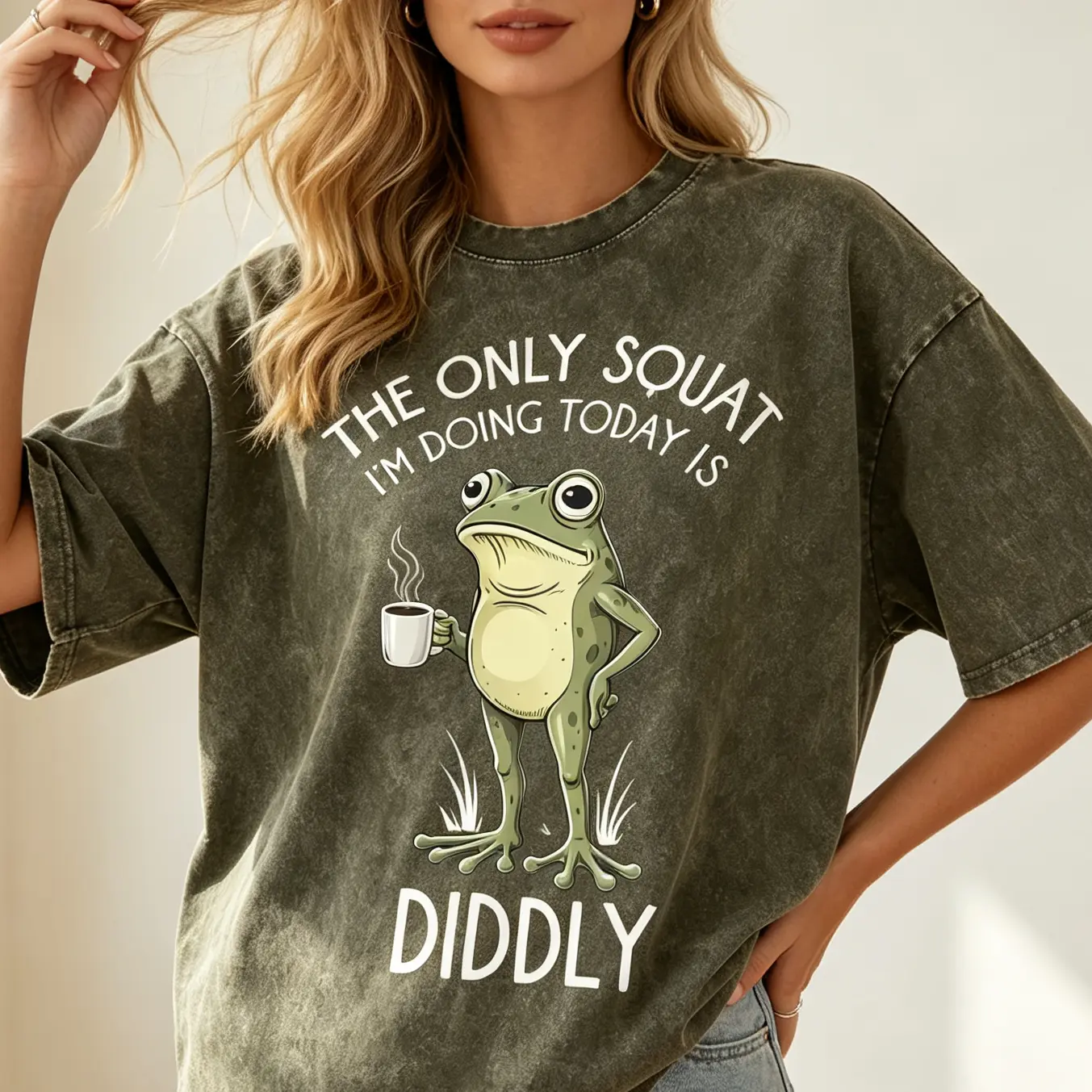 Unisex 100% Cotton Washed Graphic T-Shirt - Funny Frog Coffee MEME "The Only Squat I'm Doing Today Is Diddly" Print, Vintage Style, Oversized Fit, Summer Casual Top, Menswear Fabric, Round Neck