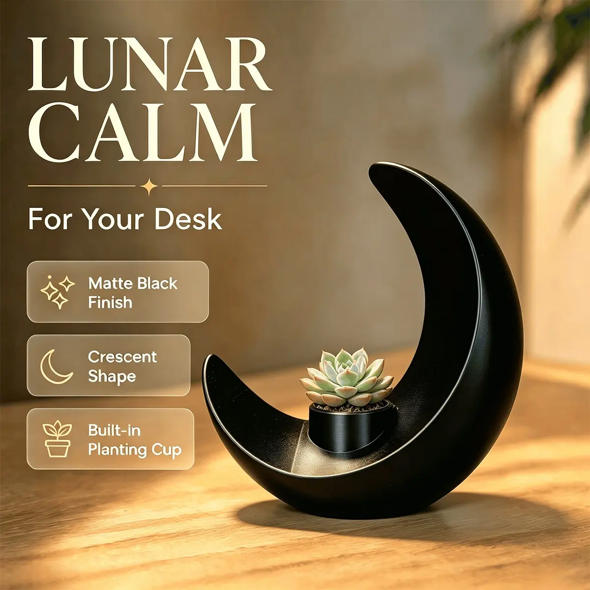 3D Printing Crescent Moon Succulent Planter Pot, Modern Nordic Minimalist Black and White Decorative Flower Vase, Small Flower Pots Planters for Indoor Plants, Celestial Witchy Desktop Ornament Home Table Decor, Creative Gift Ideas for Plant Lovers
