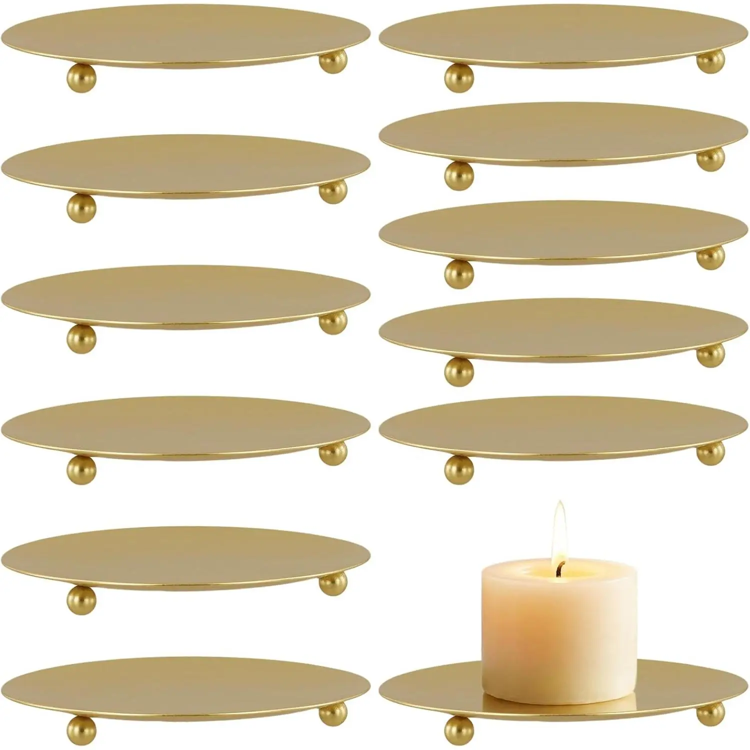 JEUIHAU 12 Pcs 4 Inch Candle Holder Trays, Round Decorative Iron Plate Candle Stand Tray, Plate Metal Candlestick Holder for Wedding Party, Home Table Decor, Spa, Pillar, Wax, Led Candles, Gold