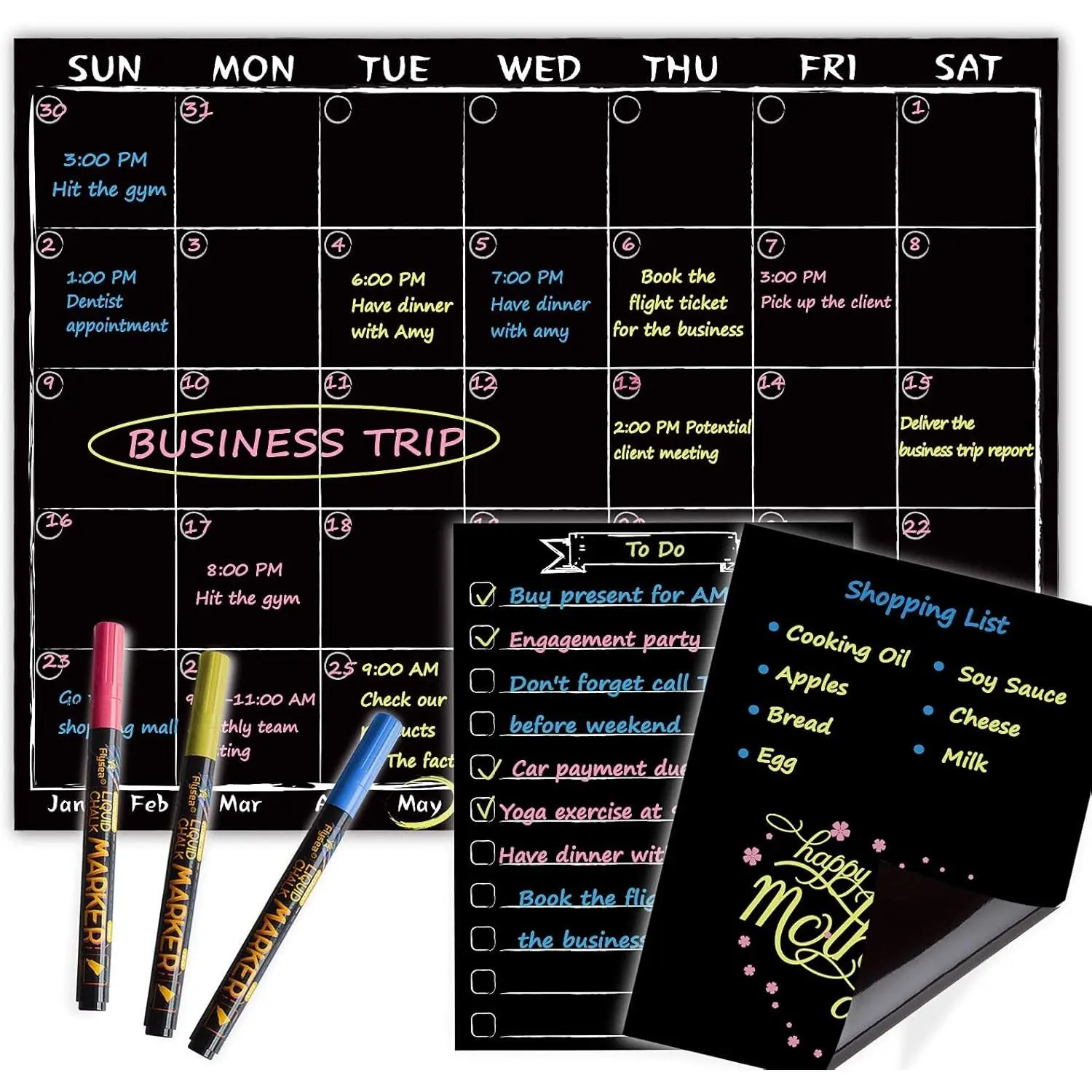 Magnetic Chalkboard Monthly Calendar with neon Bright Liquid Chalk Markers – Black Refrigerator Monthly Planning Board w/Bonus - Grocery List and Notepad for Kitchen Refrigerator