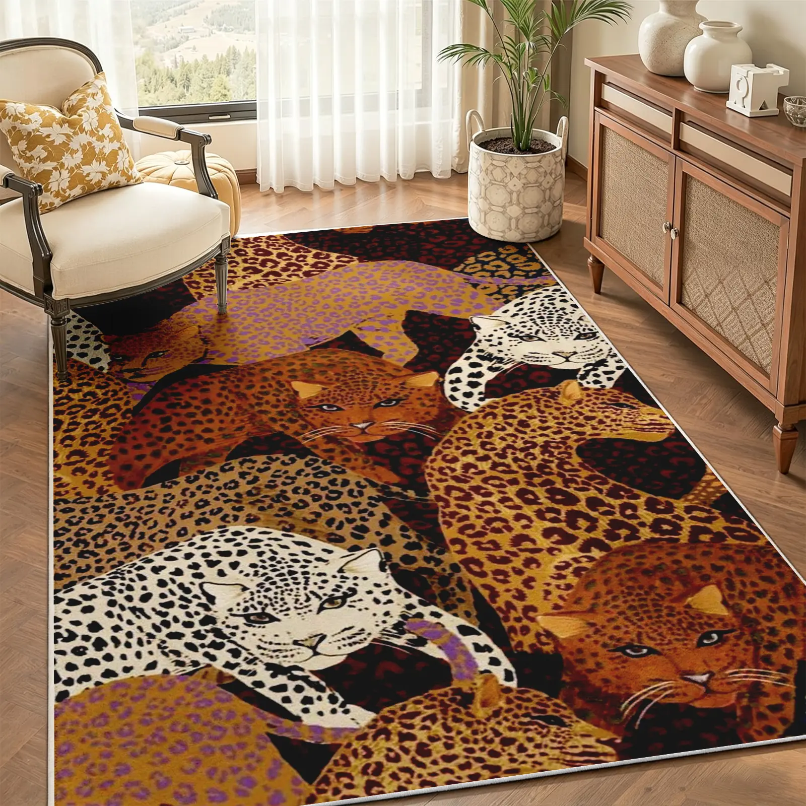 Modern Abstract Animal Area Rug, Leopard and Snow Leopard Motif Carpet, Non-Slip TPR Soft Low Pile Machine Washable Floor Rug, Stain-Resistant Aesthetic Decor for Living Room Bedroom (Various Sizes)