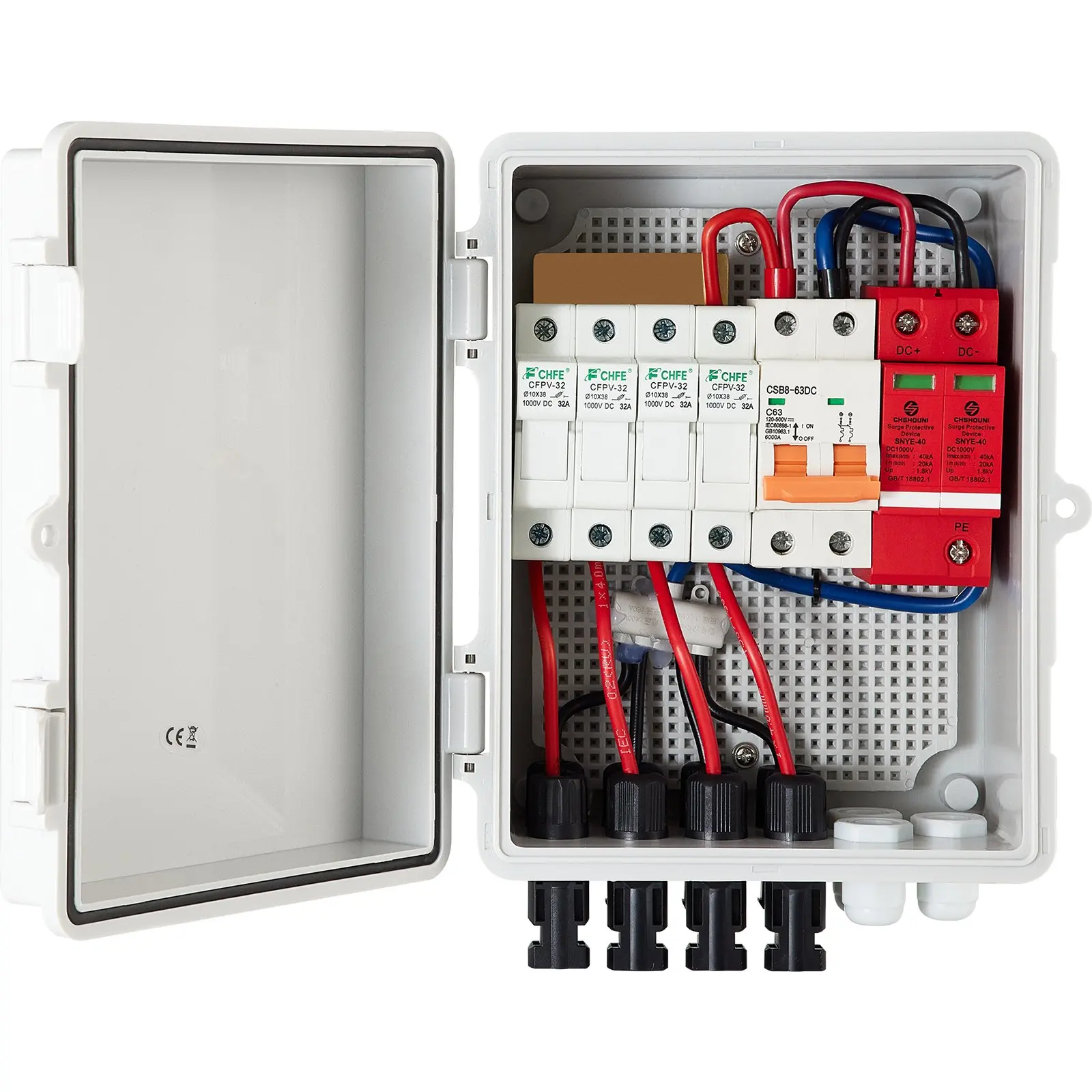 PV Combiner Box, 4 String, Solar Combiner Box with 15A Rated Current Fuse 63A Circuit Breaker Lightning Arrester and Solar Connector, ABS Plastic Case for On/ Off Grid Solar Panel System, IP65