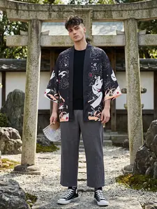 Fox Mask Print Kimono Casual Shirt, Men's Traditional Japanese Kimono, 3/4 Sleeve Open Front Cape, Unisex Summer Wear