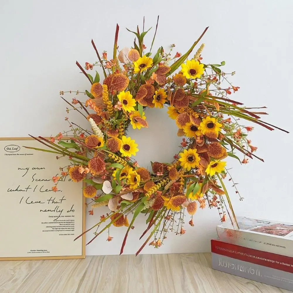 Artificial Fall Sunflower Wreath with Orange-Red Veined Leaves, Wheat Stalks, Yellow Flowers – Lightweight Hanging Decoration for Front Door, Thanksgiving Harvest Farmhouse Wall, 1Pc