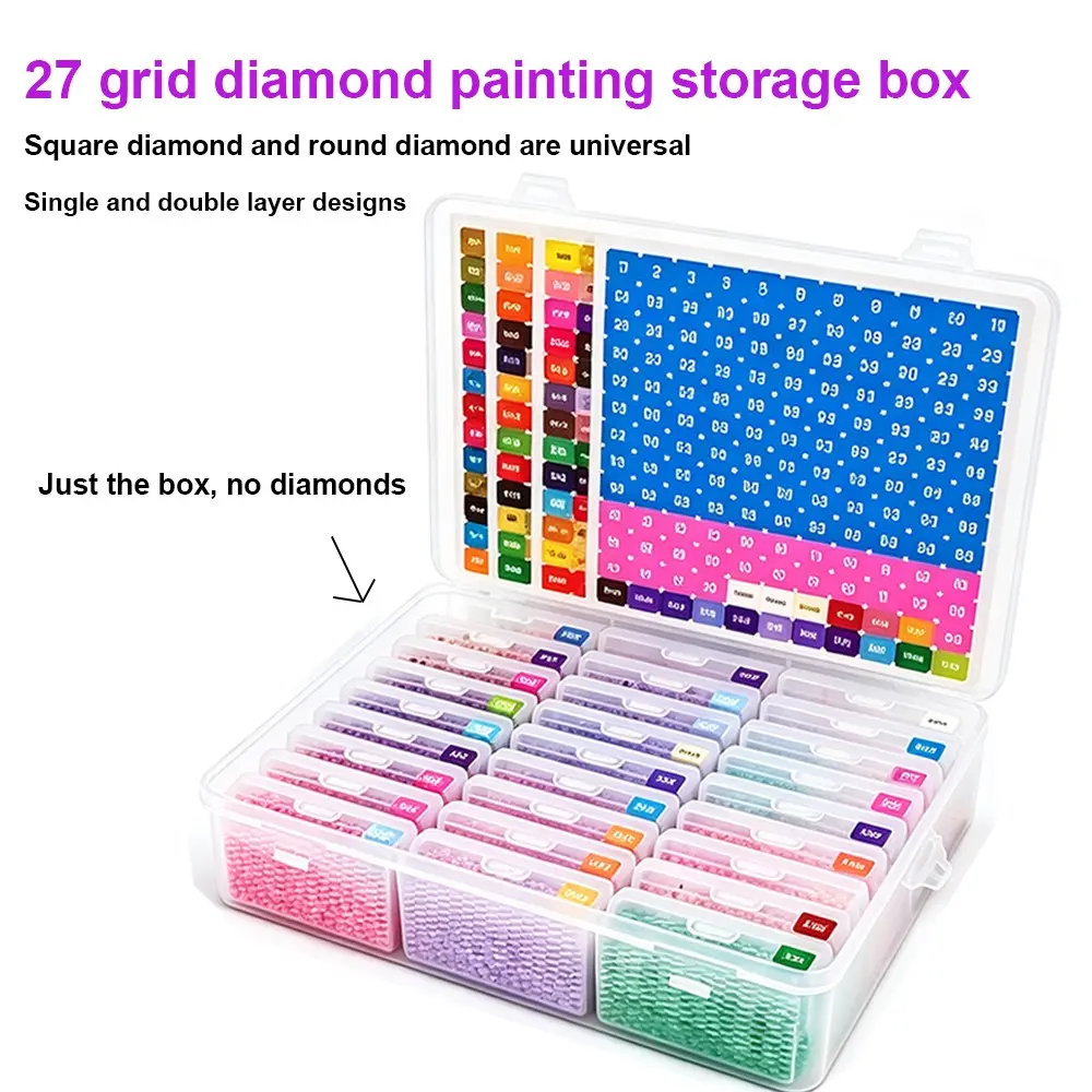27-Grid Diamond Painting Crafts Storage Box, Universal Design for Square and Round Diamonds, Transparent Drill Case, Compartments, Ideal for Diamond Art Enthusiasts