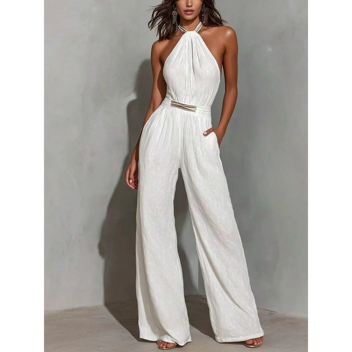 Women's Halter Neck Backless Chiffon Jumpsuit with Twist Front and Waist Cutout, Wide Legs, Full Length Regular Fit Ramadan Resort Casual Wear, Medium Stretch, Overalls, Backless Cut, Plain