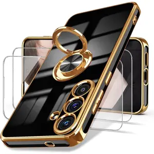 for Samsung Galaxy S25 FE 5G Case, Screen Protector, 360° Rotatable Ring Holder Magnetic Kickstand,Plated Gold Edge Slim Soft TPU Protective Phone Case Cover for Galaxy S25 FE (Black)