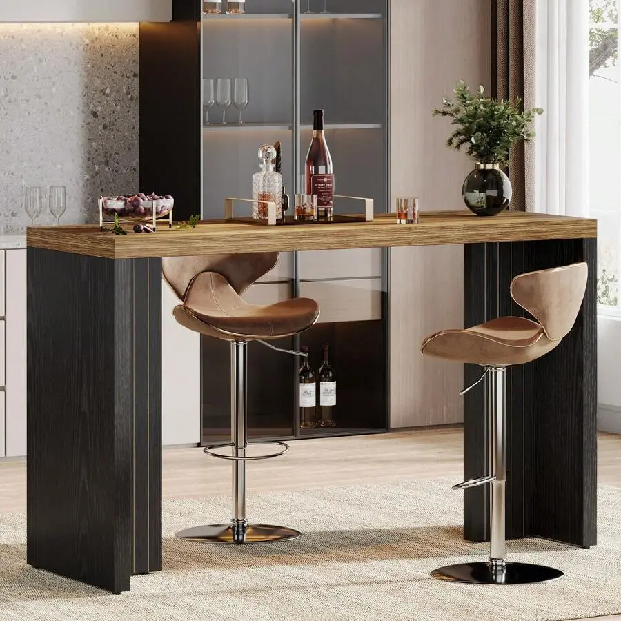 Home Bar Unit, 55.12-Inch Bar Table With A Faux Finished Tabletop, Modern Freestanding Mini Bar Home, Living Room, Balcony, Basement, Walnut & Black