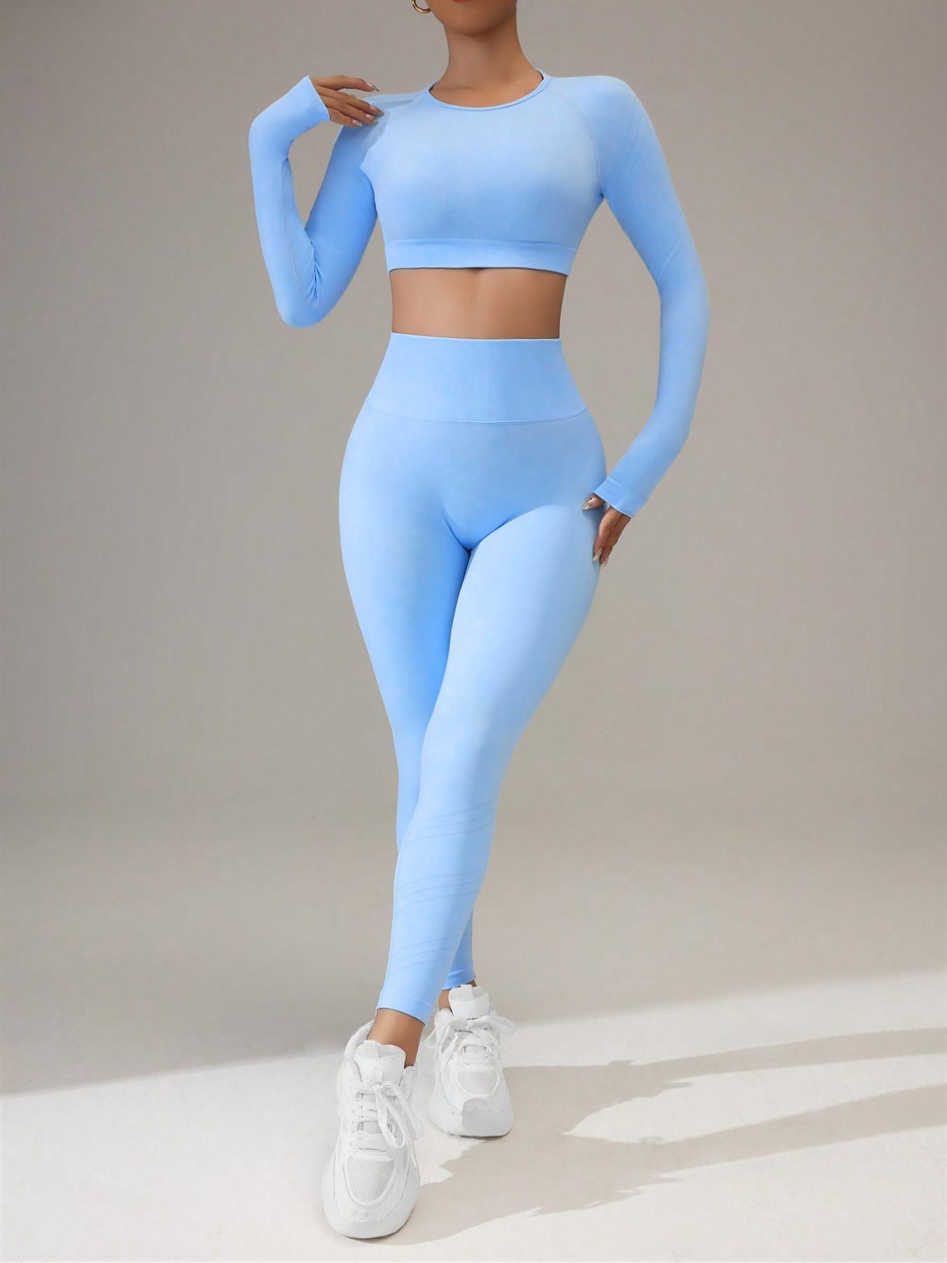 Two-Piece Set Women's Solid Raglan Sleeve Crop Tee & High Waist Leggings Tracksuit Set, Sporty Breathable Comfy Outfits for Yoga Gym Workout Running, Ladies Sportswear for All Seasons