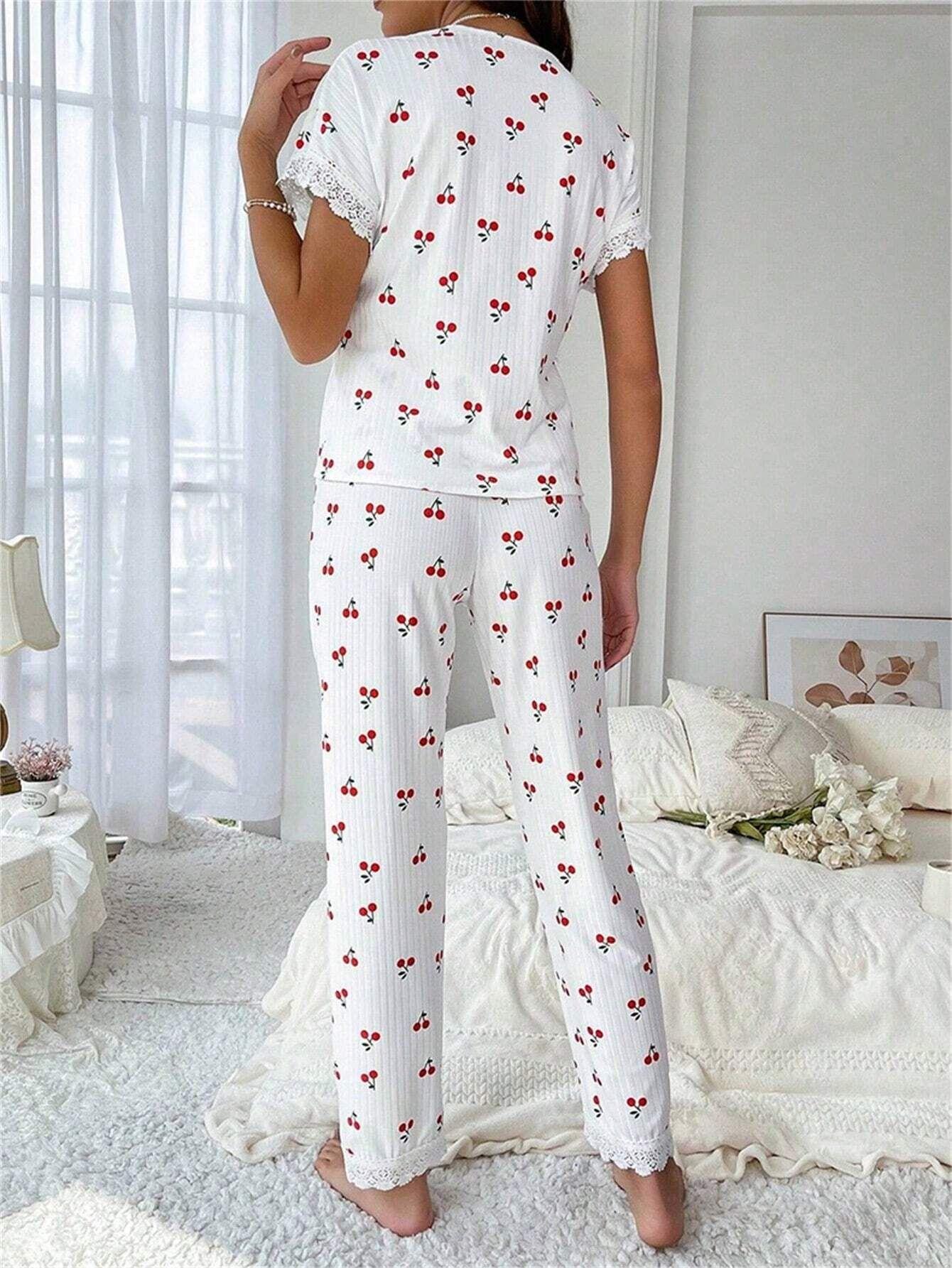 Cherry Print Short-Sleeve Collared Pajama Set for Women Oversized Style with Matching Pants