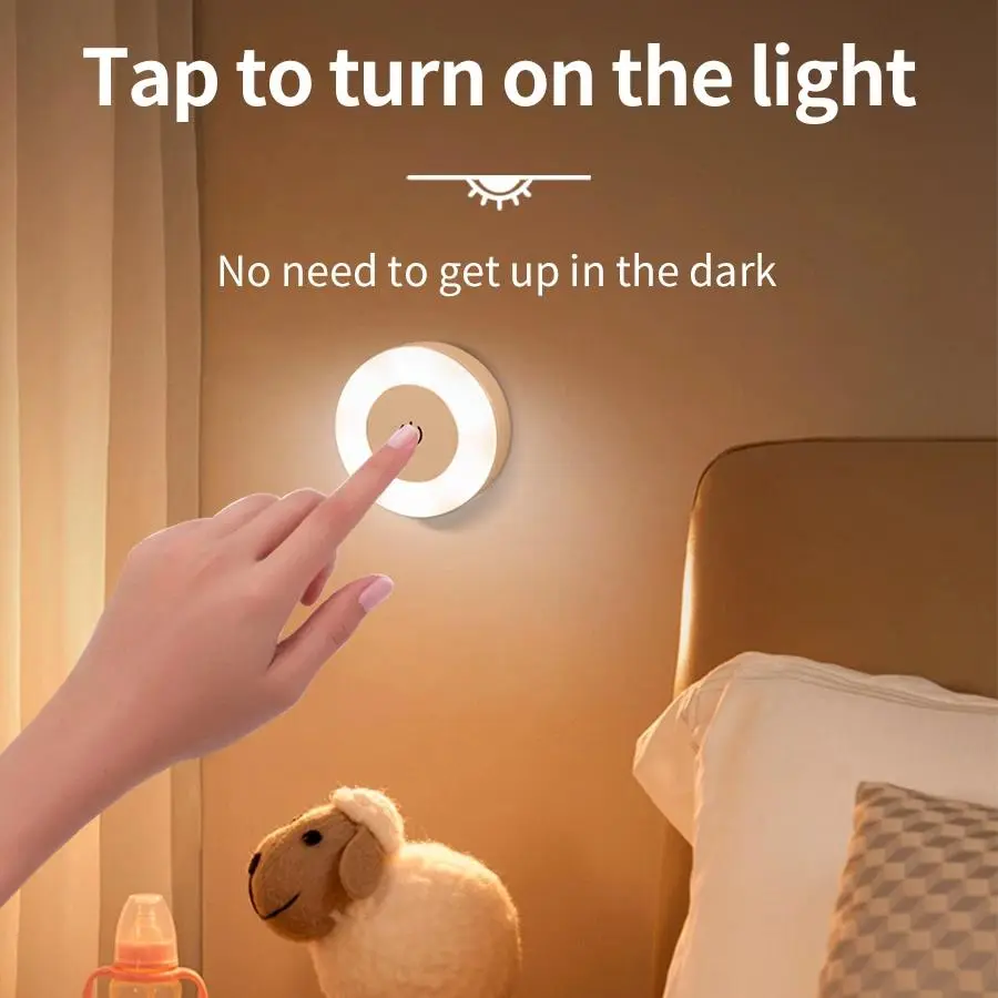 2pc LED Touch Night Light Set Pack, 3-Color Adjustable Rechargeable Lamp with Soft Glow, Portable Cordless Eye-Care Light for Baby Nursery & Bedroom, Cabinet & Bedside Use
