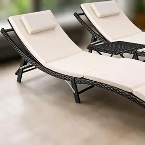 3 Pieces Patio Chaise Lounge Chair Sets Outdoor Beach Pool PE Rattan Reclining Chair with Folding Table and Cushion, Beige