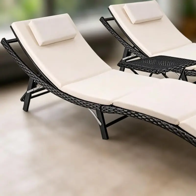 Beige 3-Piece PE Rattan Patio Chaise Lounge Reclining Chairs - Patio Furniture Sets, Outdoor Furniture Sets with Folding Table and Cushion for Outdoor Beach Pool Use
