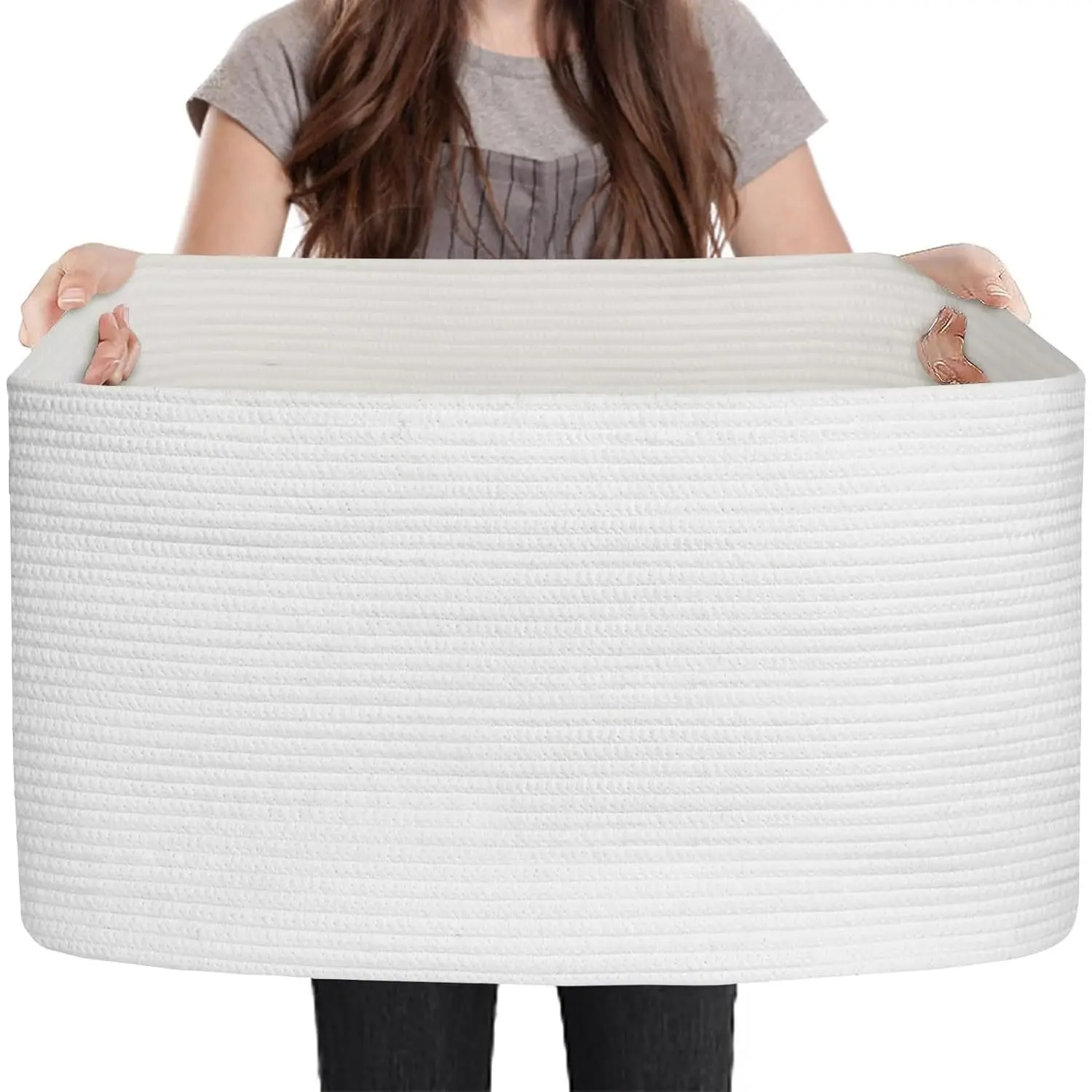 Extra Large White Storage Basket, 23.6x17x12in Rectangle Blanket Storage for Living Room, White Woven Cotton Rope Basket, Big Kids Toy Box, XXXL Wicker Laundry Basket for Organizing