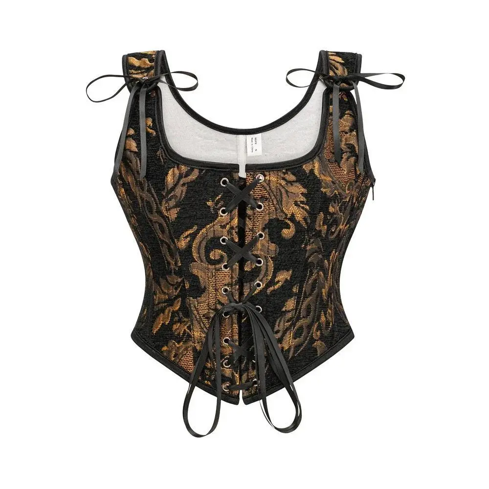 Vintage Floral Print Zipper Corset Crop Tops Renaissance Overbust Bustier Women Summer Lace-up Sleeveless Corset Vest