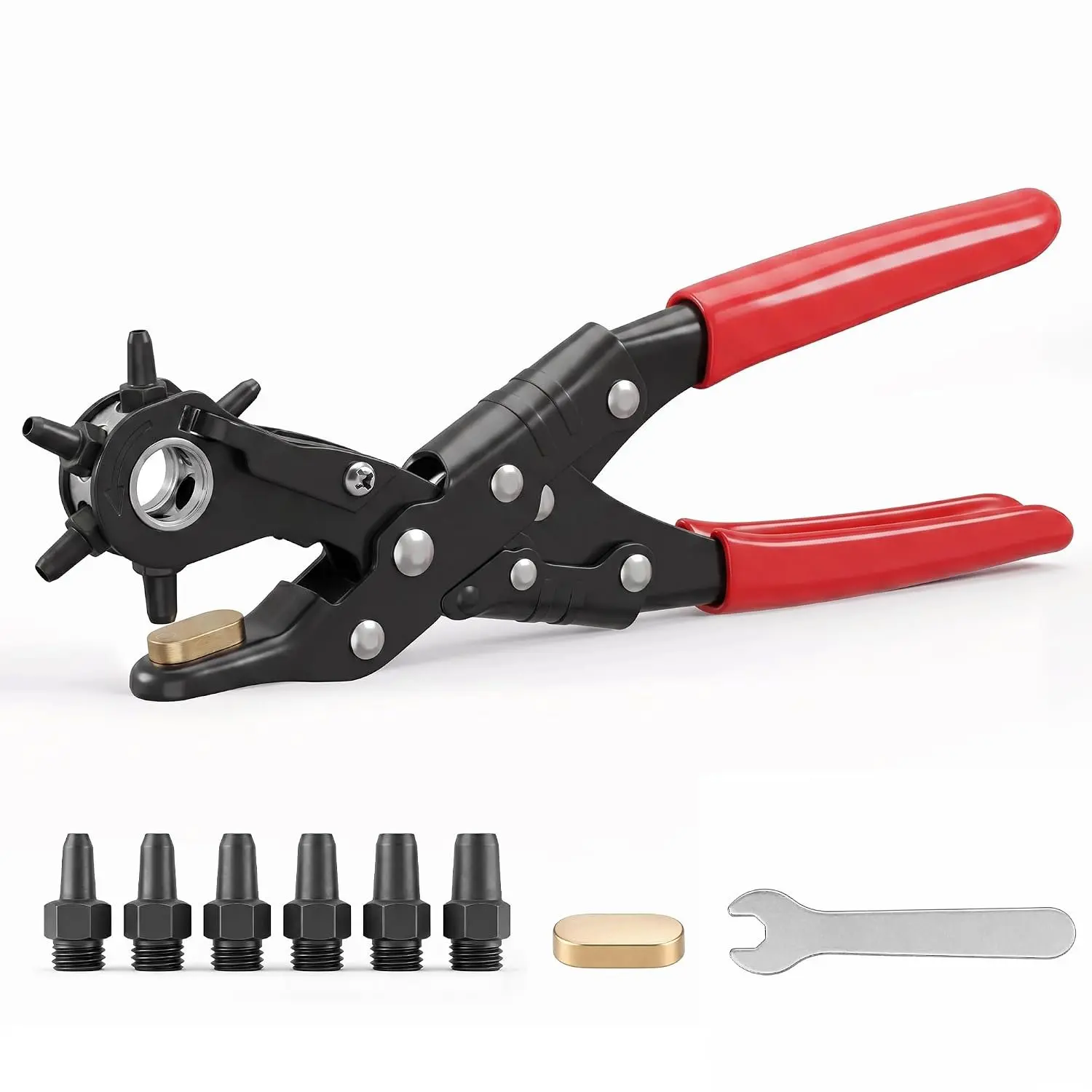Belt Hole Puncher with Rotary Punch  | 6 Size Punches, Replaceable Heads, Brass  Plate, Comfortable Grip, For  DIY Repairs