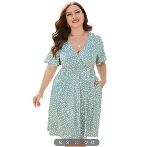 Clearance Sale  YesFashion  Women's Plus Size V Neck Printed Pocket Dress 95% Polyester 5% Spandex Casual Short Sleeve Loose Fit Midi Dress Soft Stretch Everyday Summer Dress with Pockets
