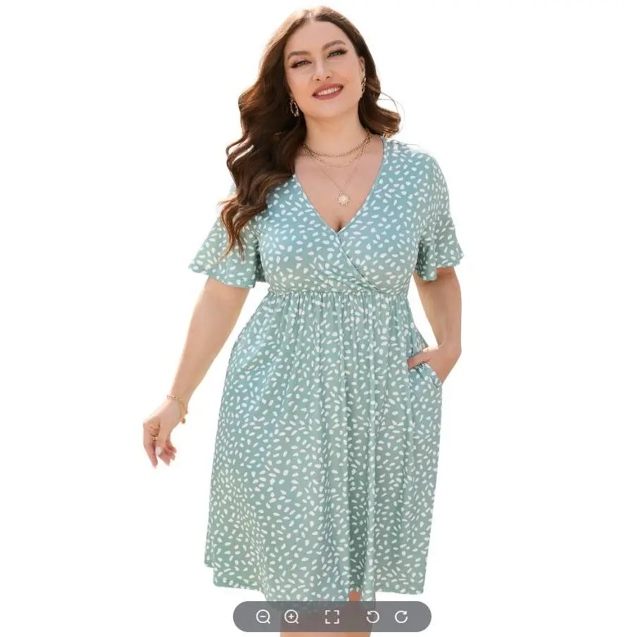Clearance Sale  YesFashion  Women's Plus Size V Neck Printed Pocket Dress 95% Polyester 5% Spandex Casual Short Sleeve Loose Fit Midi Dress Soft Stretch Everyday Summer Dress with Pockets, Style, Cardigans