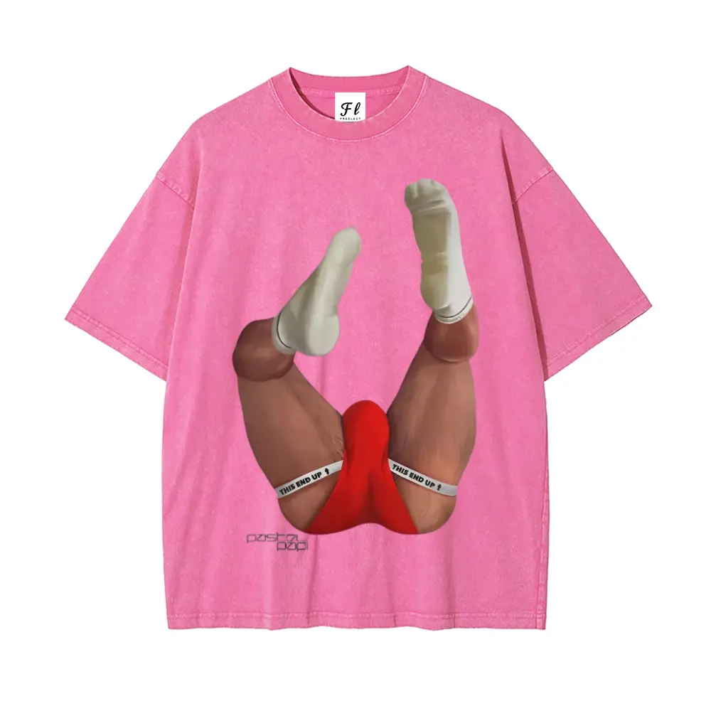 Vibrant pink acid wash oversized tee with eye-catching cheeky leg graphic, soft vintage washed cotton fabric. Bold queer streetwear for parties & daily fits, fade-resistant vivid print to stand out in crowds. #QueerStreetwear #VintageWashedTee #GayFashion