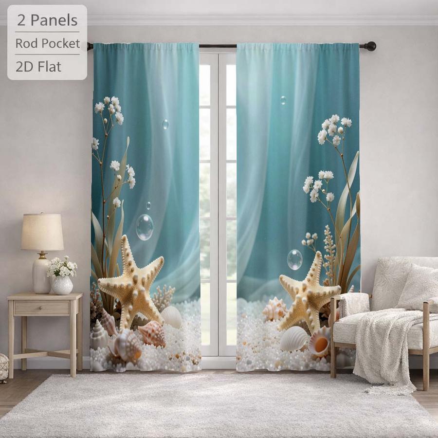 2Pcs Ocean Style Starfish Seashell Bubble Pattern Sun Blocking Curtains Digital Printed Rod Pocket, Window Treatment For Bedroom Office Kitchen Living Room Study Home Decor
