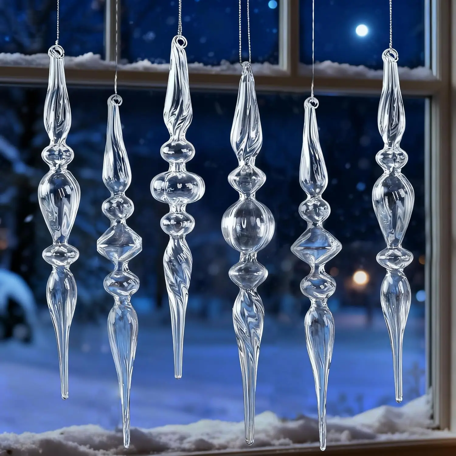 10 Inch Christmas Glass Finial Ornaments for Tree, 6 count Clear Glass   Ornaments,  Xmas  Icicle Decor for Christmas Tree Winter Wonderland Wedding  Year Party Decor