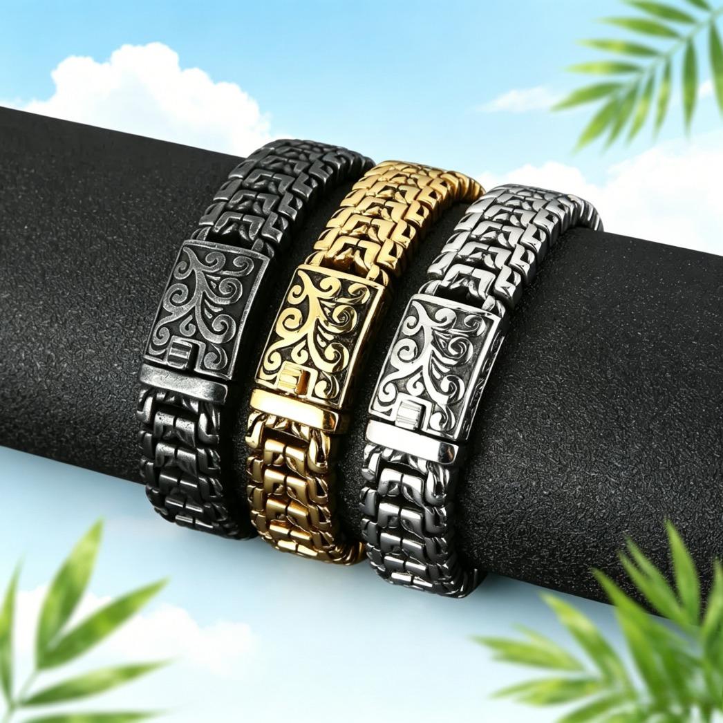 Vintage Carved Cuban Link 16mm Wide Bracelet for Men, Retro Engraved Stainless Steel Wrist Chain, Punk Rock Biker Jewelry Gift Vintage Carved Cuban Link 16mm Wide Bracelet for Men, Retro Engraved Stainless Steel Wrist Chain, Punk Rock Biker Jewelry Gift