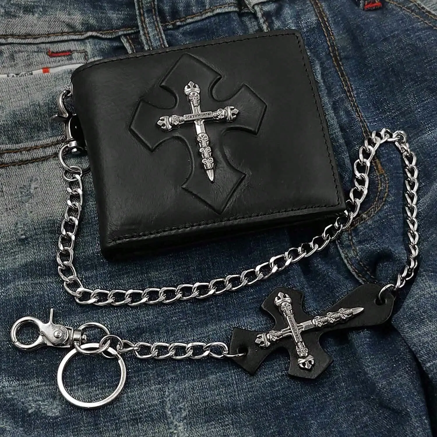 Mens Biker Rock Cross Skull Card Holder Meney Wallet Purse With Long Chain