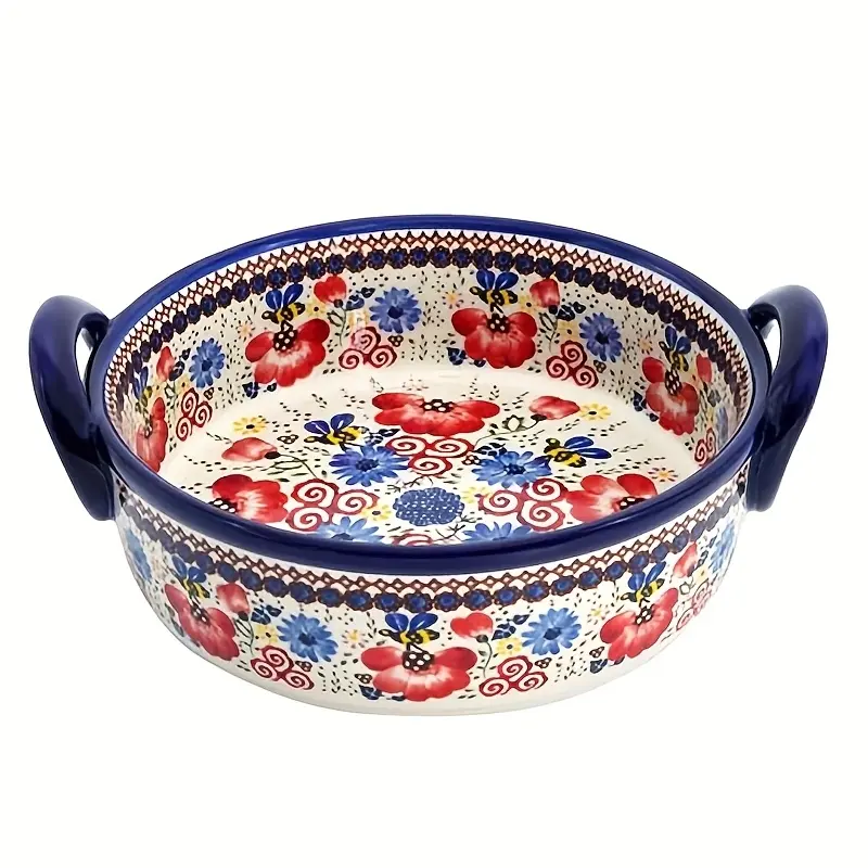 1pc Sakura Ceramic Baking Dish Bakeware Retro Style Heat Resistant Microwave Safe Rustproof Handle Food Serving Tray for Kitchen