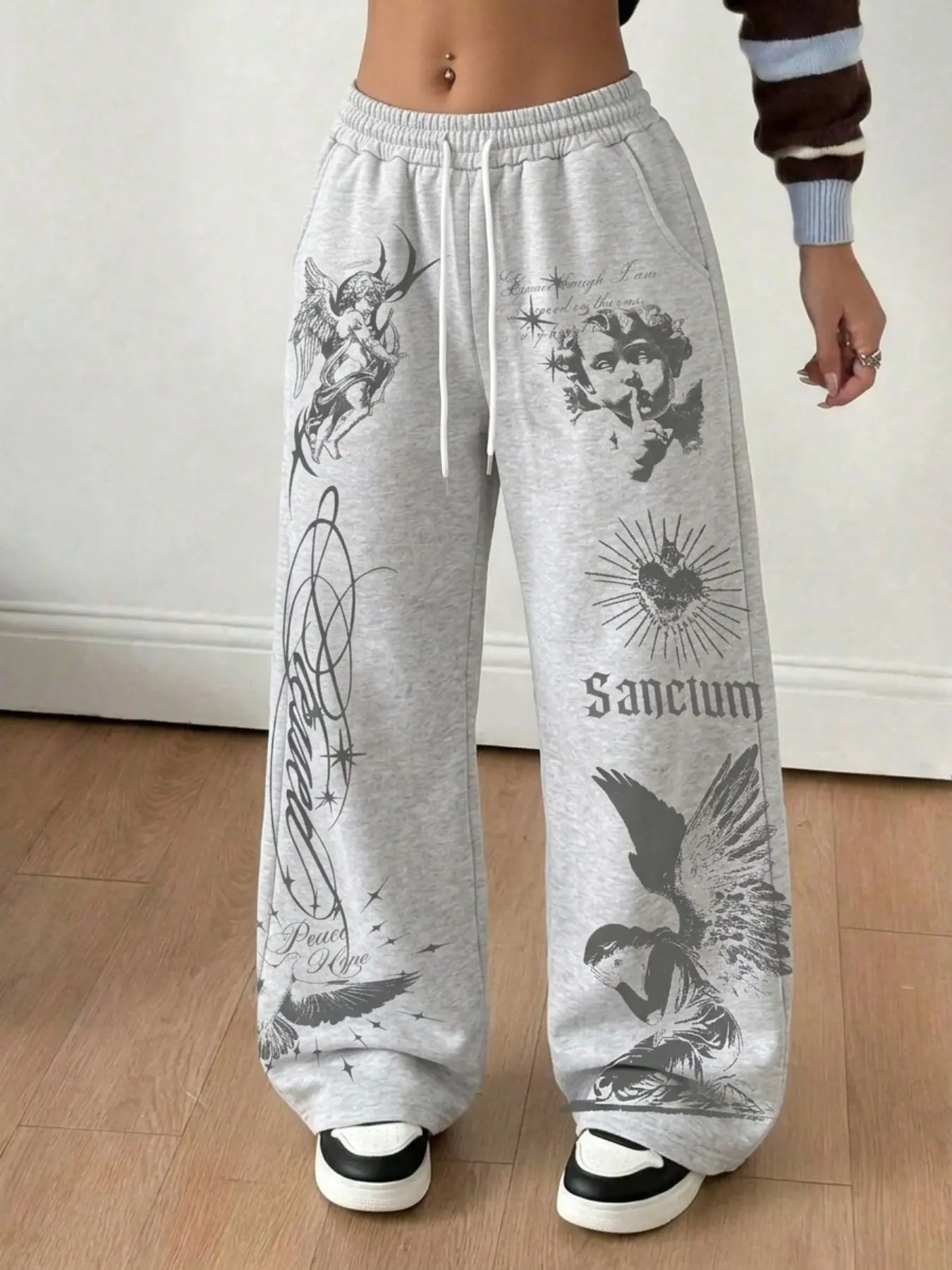 American Vintage Angel Theme Wide Leg Sweatpants, Light Base Full Print, Elastic Drawstring High Waist, Y2K Street Style