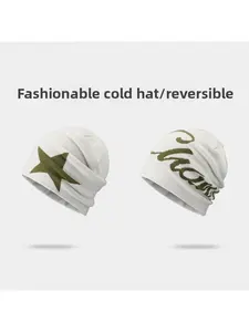 American Street Style Knit Beanie with Letter Jacquard Double Sided Wear Unisex Hip Hop Skateboard Ear Protection Hat for Autumn Winter Cold Weather Trendy Cap