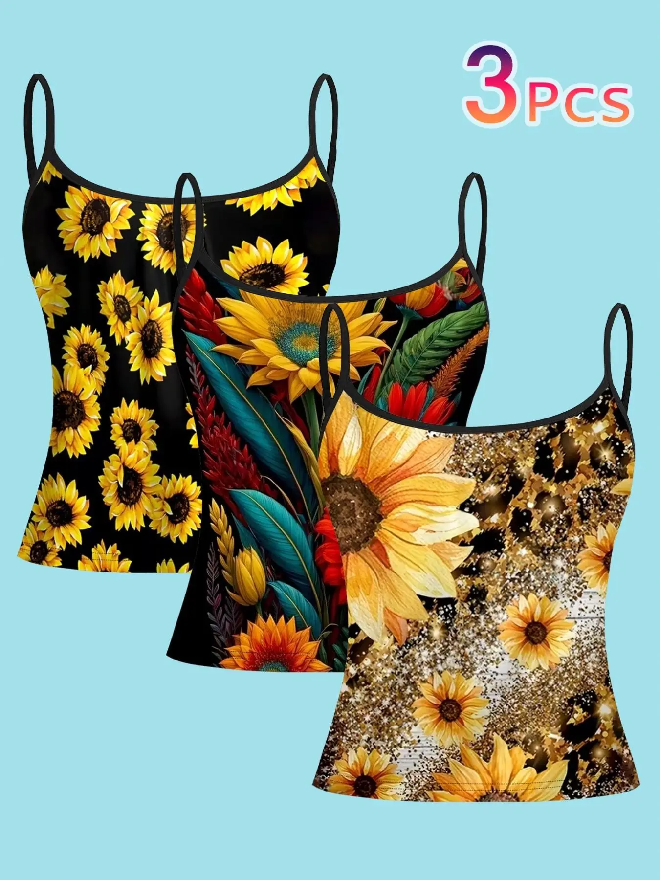Women's Plus Size 3-Piece Set, Sunflower Print Floral Strappy Spaghetti Strap Sleeveless Top, Casual Bright Backless Design Vest, Trendy Sweet Cool Style, Energy-Boosting Women's Clothing