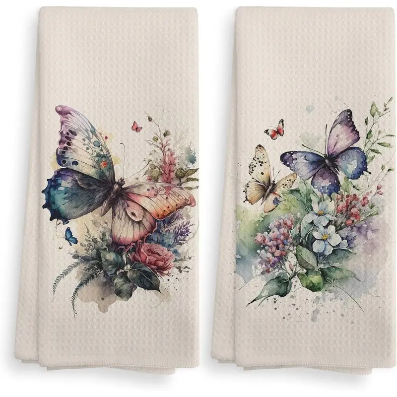 Vintage butterfly pattern kitchen towel and dishcloth set (2 pieces), butterfly kitchen decoration, wildflower hand towel, spring floral pattern hand towel, suitable for farmhouse-style bathroom kitchen, 16 x 24 inches