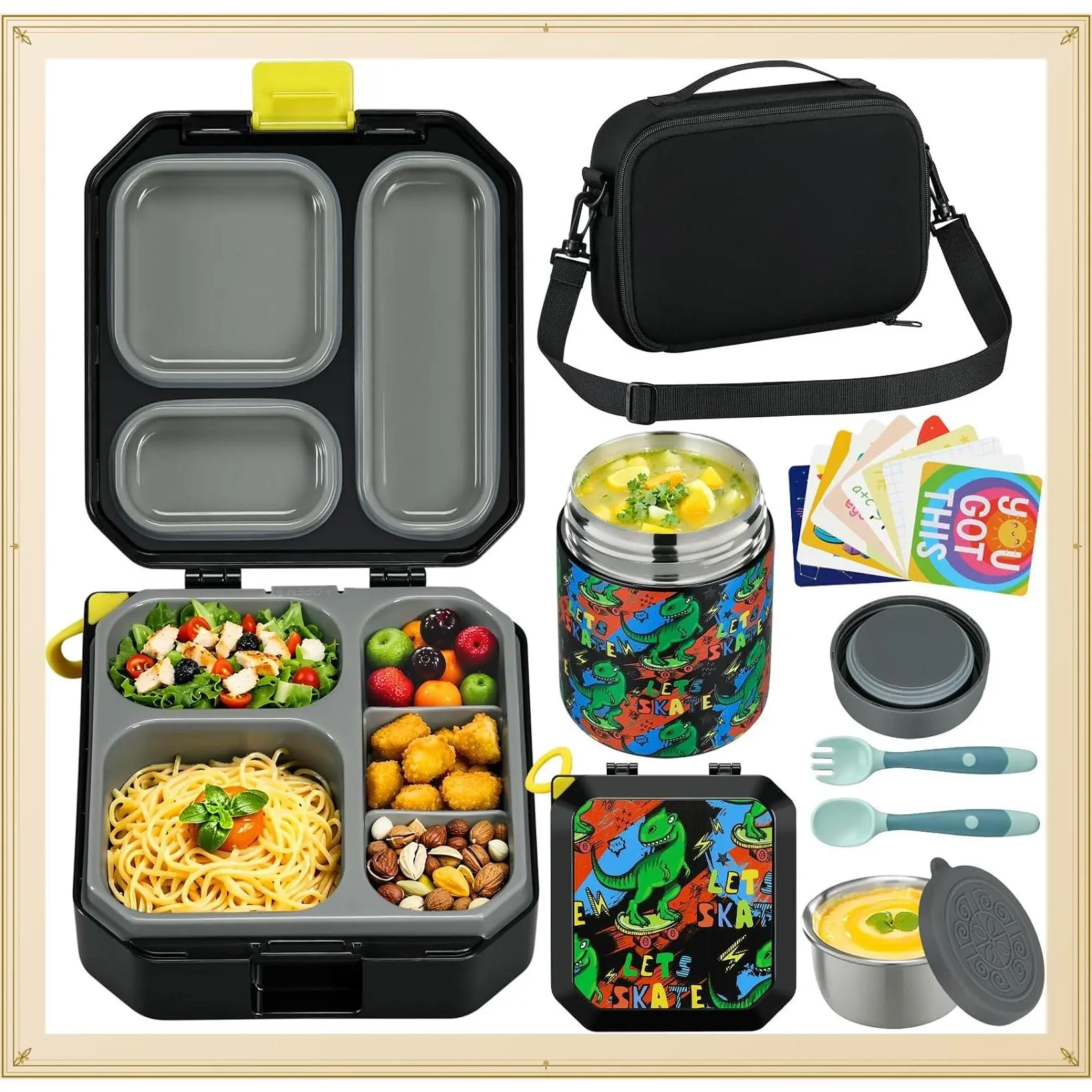 Kids Bento Lunch Box Set with 12oz Soup Thermos, Insulated Lunch Bag, Leak-Proof 5-Compartment Food Containers, Sauce Cup, 10 Notes (Dinosaurs Black)Gift