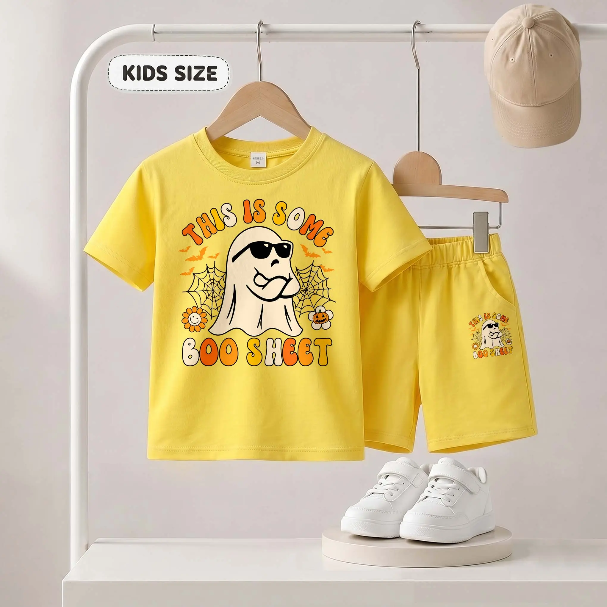 Kids’ This Is Some Boo Sheet” Print Short-Sleeve T-Shirt And Shorts Set—Casual Summer Kids' Clothing. This Round-Neck Outfit Combination Is Perfect For Everyday Wear And Outdoor Play.