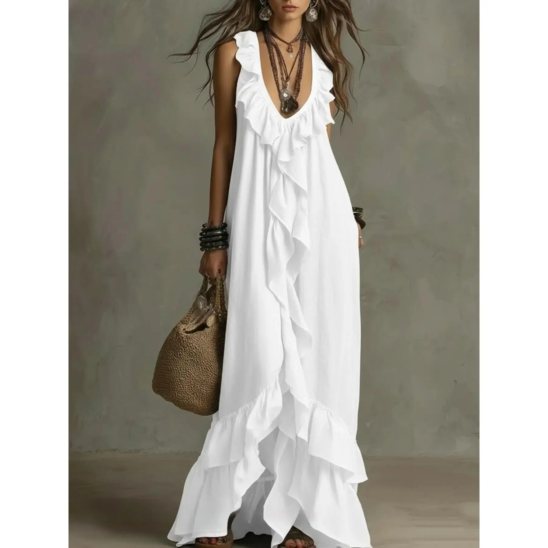 Women's Knitting Casual Dress - Summer New Fashion Solid Color V-Neck Short-Sleeve Ruffled Pleated Babydoll Dress with Cup Design, Bohemian Vacation Urban Vintage Elegant Clothes, Knitting Casual Dresses