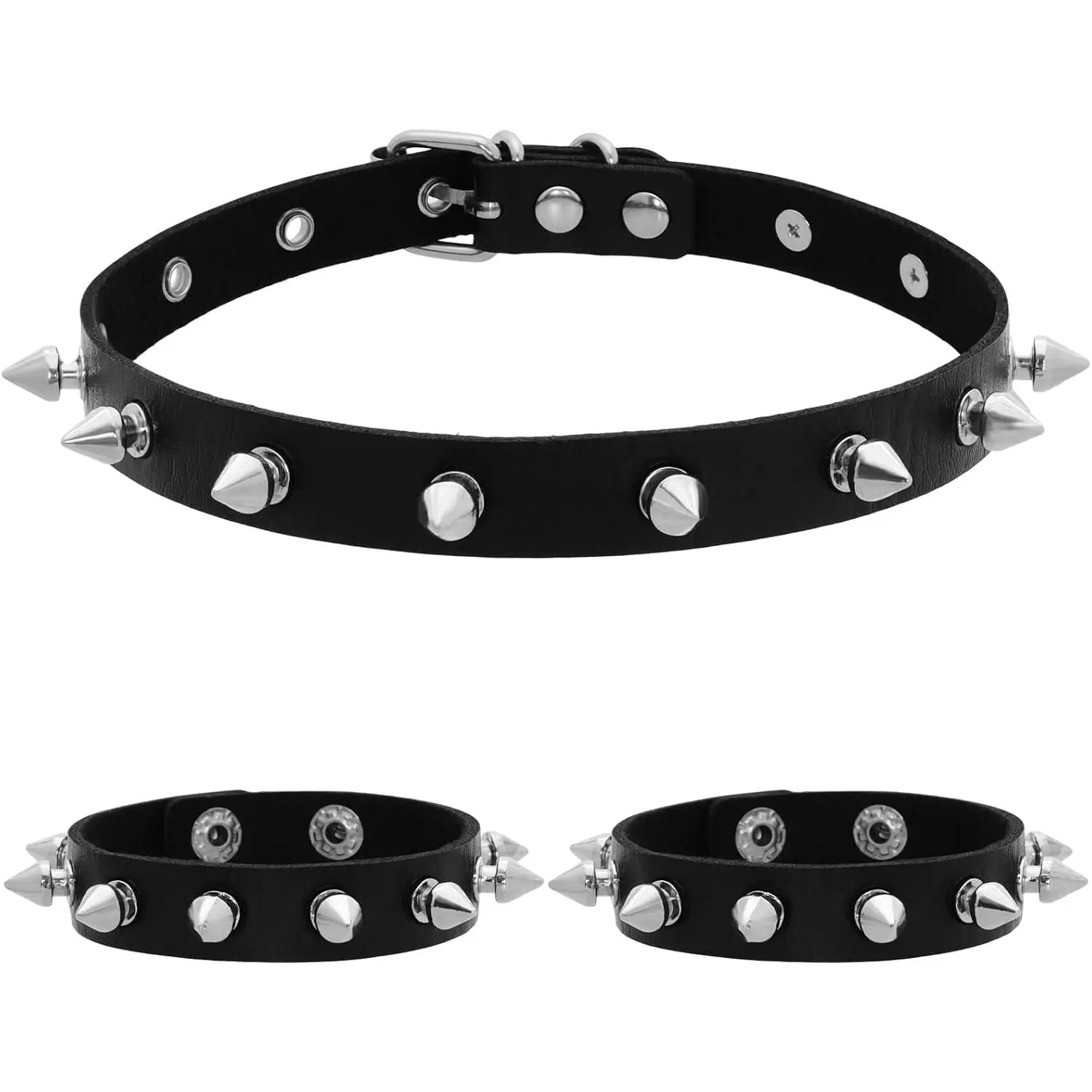 3 count Spiked Choker and Bracelet Set Leather Necklace Bracelet Set | Punk Gothic Style, for Women Men, Black