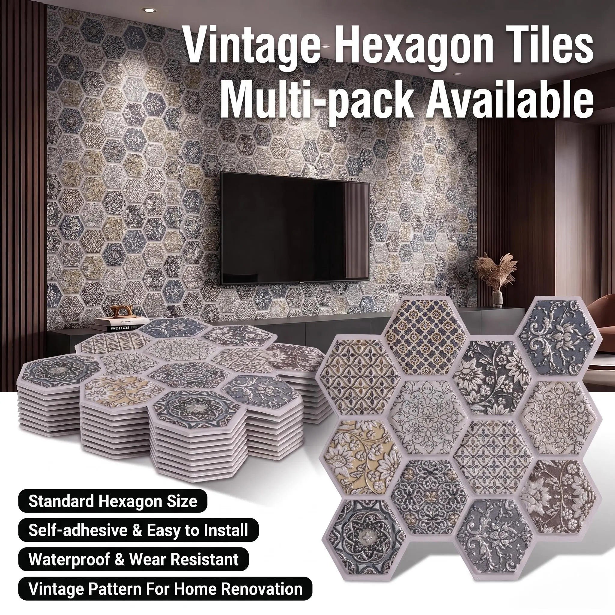 Vintage Hexagon Peel and Stick Tile, Self-Adhesive Waterproof Wear-Resistant Wall Tile, Ideal for Kitchen Bathroom Home Renovation