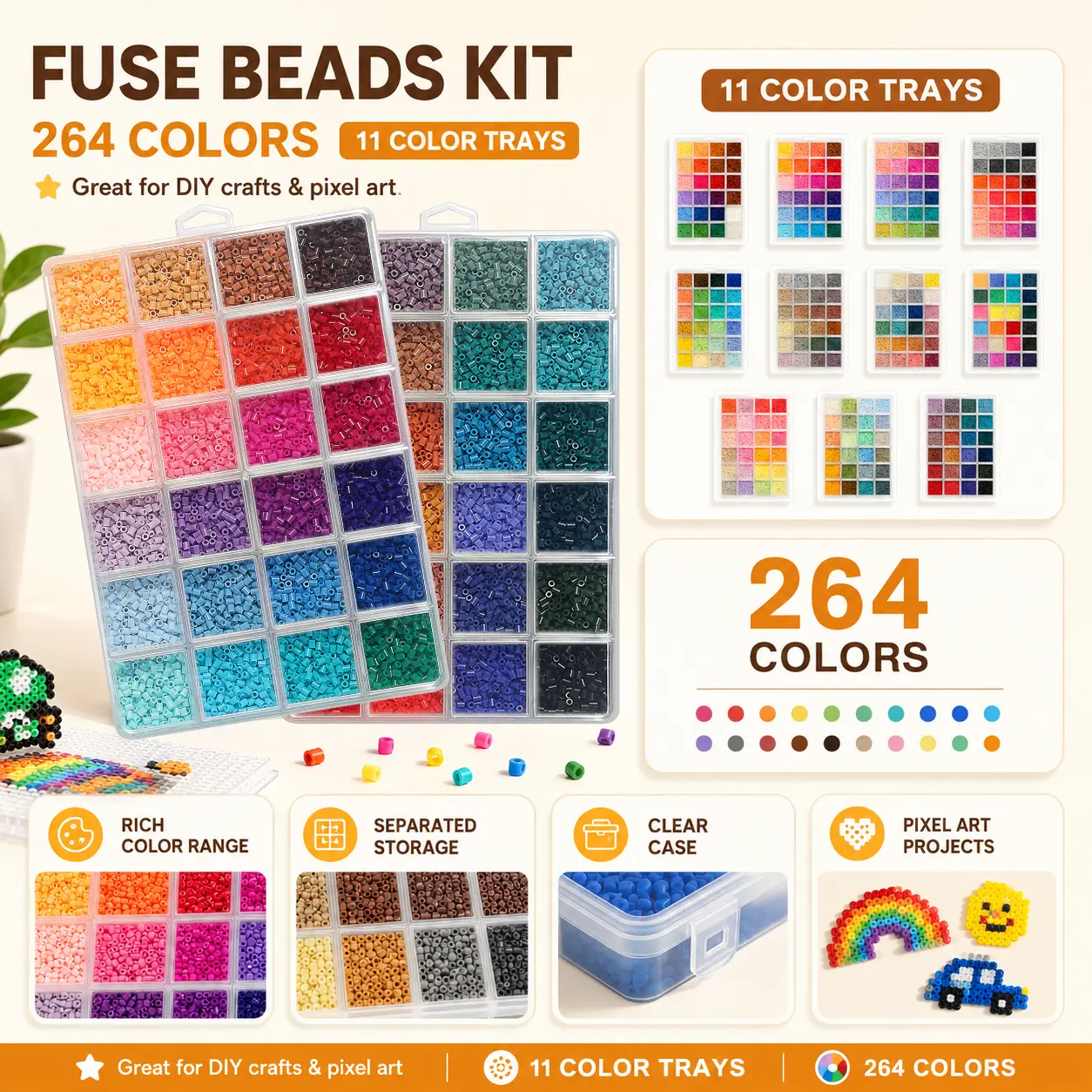 PomCraft 2.6mm Mini Fuse Beads Kit with Tool Kit, PE Iron-On   for DIY Pixel Art, Keychains, Charms, Bead Art &  Hobby Projects