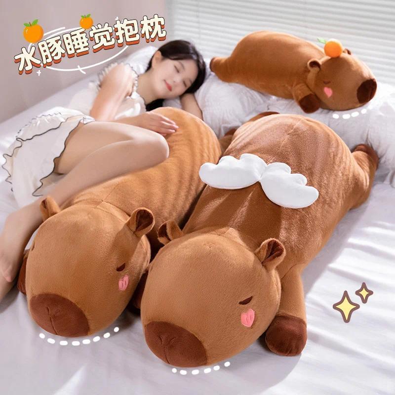 60cm-100cm Kawaii Cartoon Giant Strip Capybara Plush Doll Pillow Lying Brown Orange Wings Creative Capybara Plush Toy Home Decor