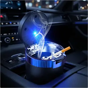 with Lid,  Cup Holder  Portable Extinguished  Bucket with LED Light, Stainless Steel Inner Ash Container Detachable Trash Can for   Office (Blue)