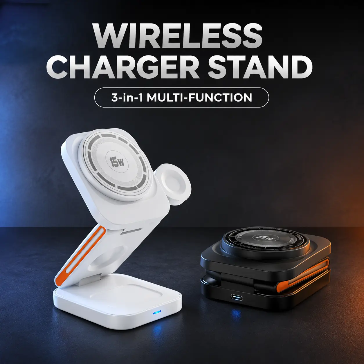 Foldable 3 in 1 Magnetic Wireless Charging Station, 15W Fast Wireless Charger Stand for iPhone, AirPods & Smart Watch, Portable Travel Wireless Charger Dock with Storage Bag, Black White 2 Colors