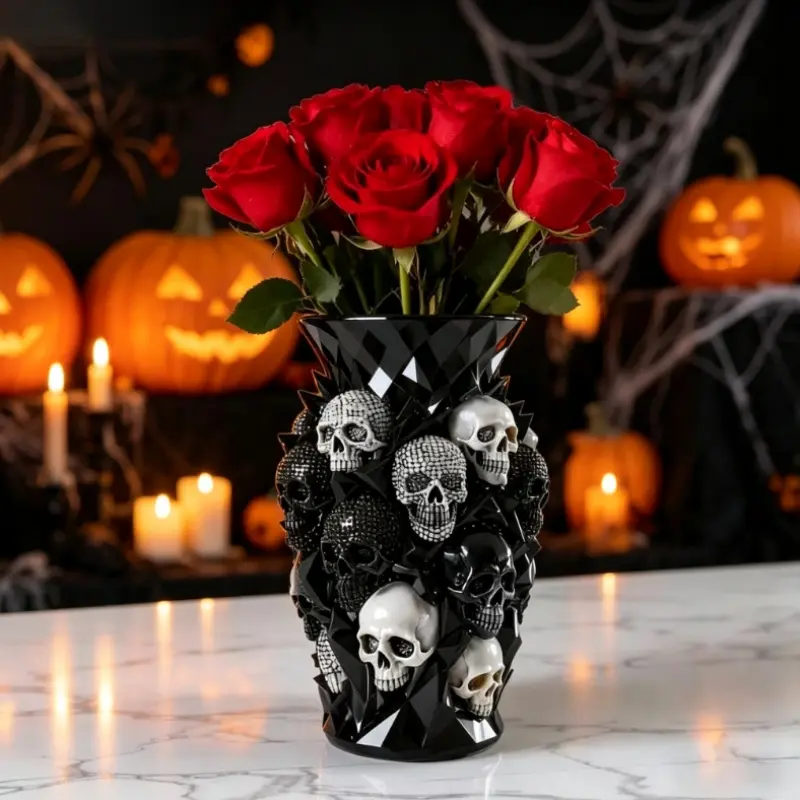 Gothic Skull Vase Resin Skeleton Flower Pot, Creepy Halloween Home Decor Vase for Fresh & Dried Red Black Roses, Spooky Gothic Style Tabletop Ornament