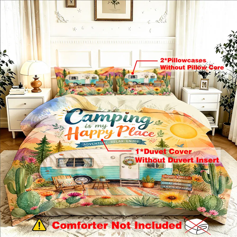 A 3-piece (1 duvet cover + 2 pillowcases, without a filling) camping caravan bedding set featuring the Camping Happy slogan elements, offering soft and comfortable bedding suitable for room decoration and as a gift option