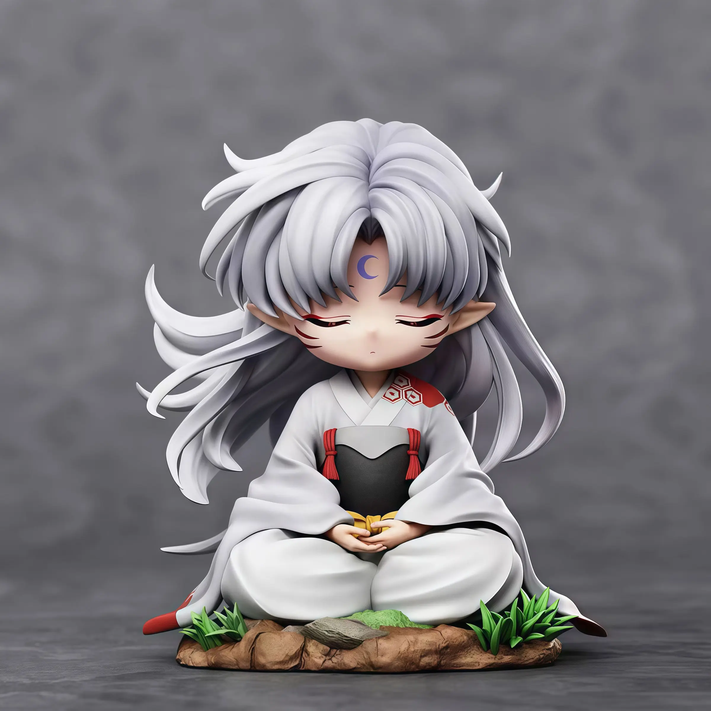 Inuyasha&Sesshomaru Q Version Mini Figure 10cm, Kimono Grass Scene Base, Retro Anime Desktop Car Ornament Gift, Collectible Model, Desktop Decor Figures